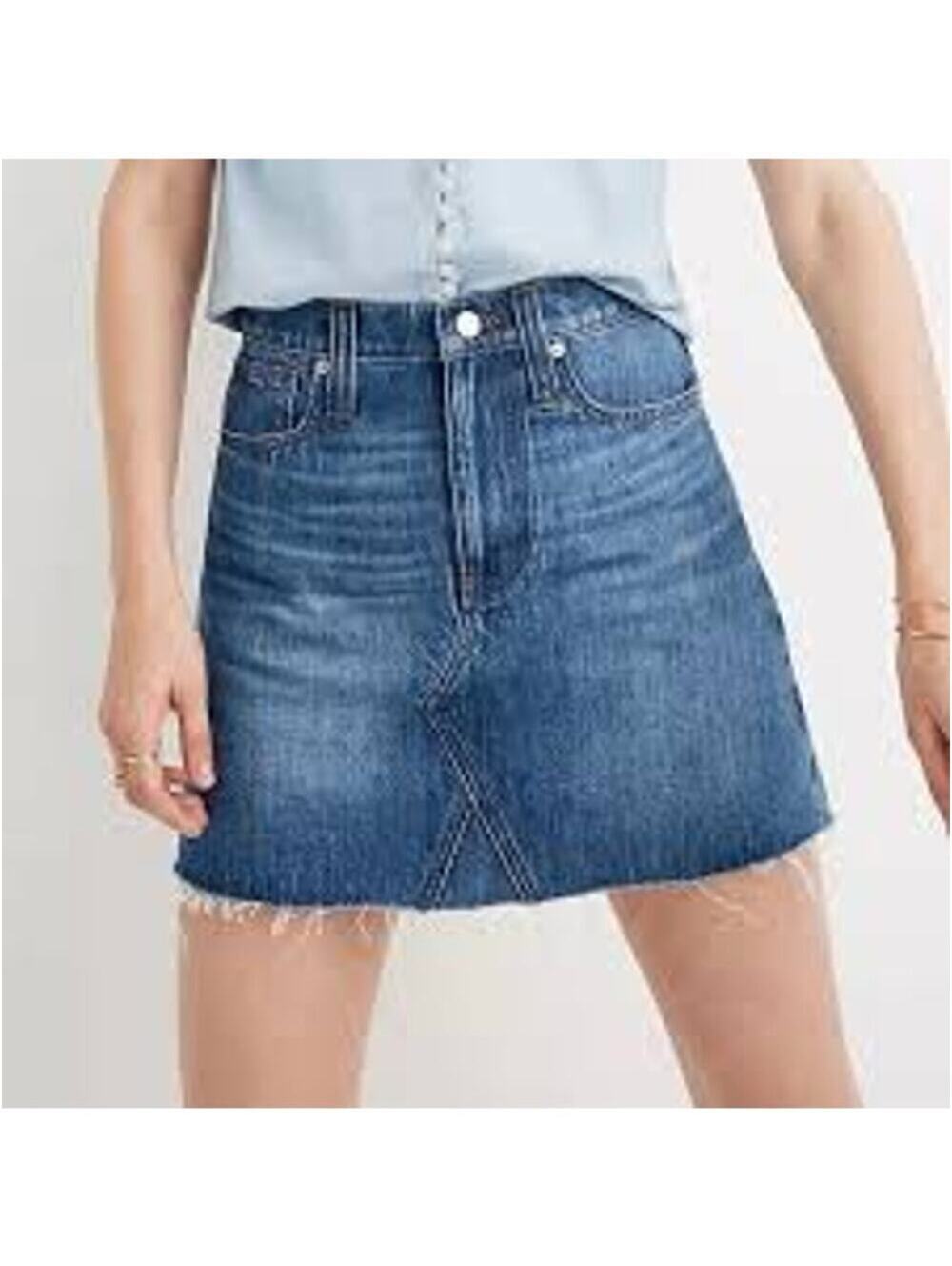 Madewell EUC Women's Rigid Denim A-Line Distressed Hem Mini Skirt Size 30